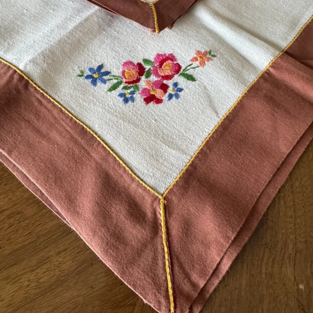 Vintage Embroidered Linen Napkin Set with Rose Floral Design Square Bistro Table